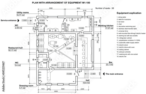 Cafe plan in top view. Floor plan of small restaurant. Arrangement of furniture in the catering interior. Bar design project. Vector 