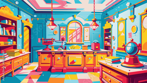 Vibrant, Retro-Styled Kitchen Interior with Colorful Decor and Vintage Appliances