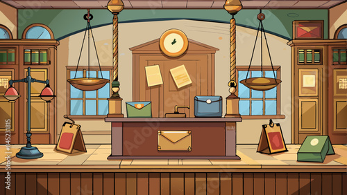 Vintage Cartoon Courtroom Interior with Judge Bench and Scales of Justice