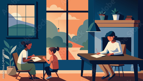 Cozy Evening: Family Time with Mother and Children at Home Interior