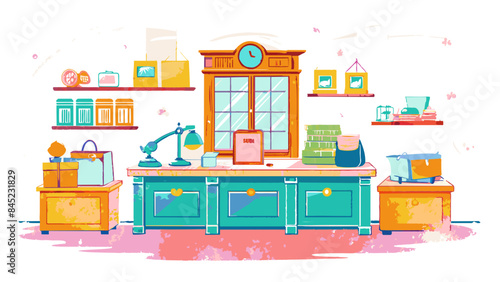 Colorful Illustration of a Modern Kitchen Interior with Decorative Elements