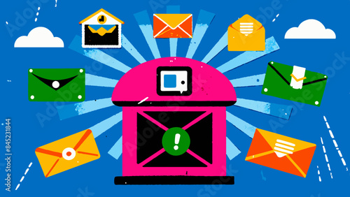 Vibrant Mailbox Overflowing with Envelopes on Blue Background