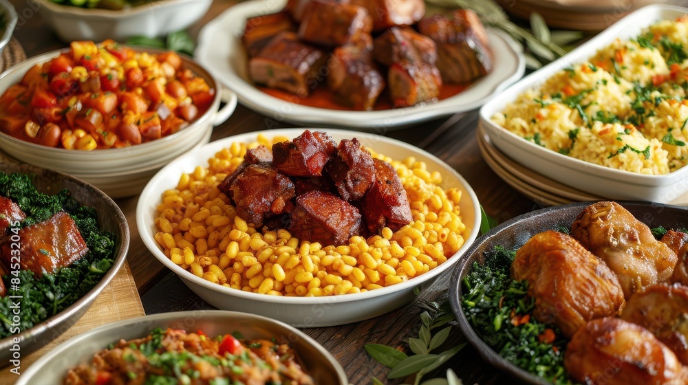 Soul food spread on a family table, Juneteenth celebration Soul food spread on a family table, Juneteenth celebration
