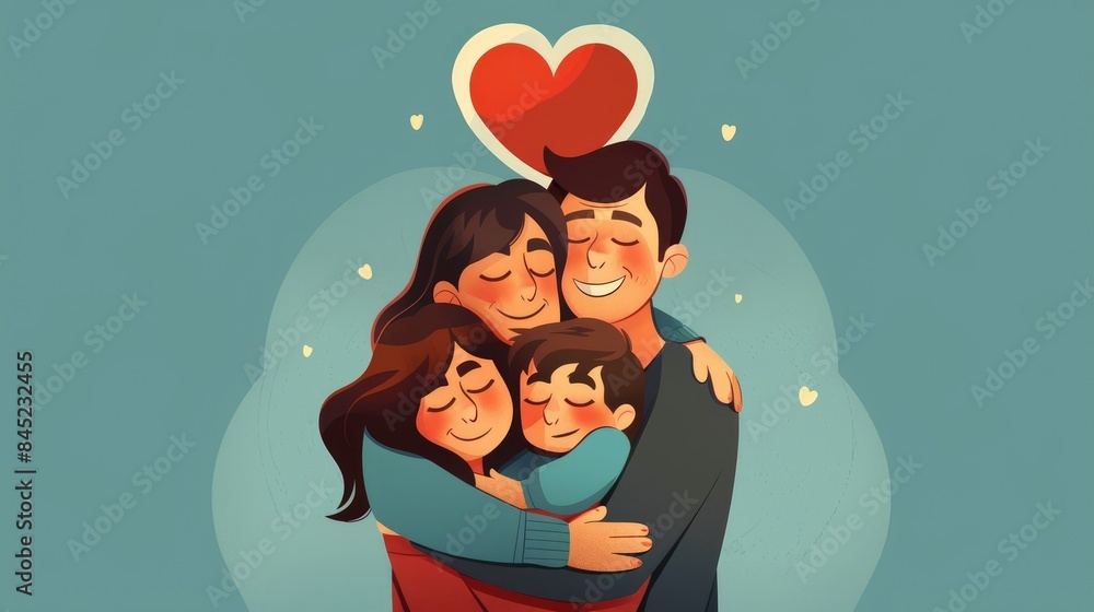 Cartoon family hugging with a heart symbol above them, representing the love and hope organ donation brings to families Cartoon family hugging with a heart symbol above them, representing the love and hope organ donation brings to families