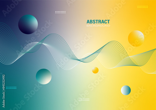 The abstract background of the wave line and curve has soft movement, and the design elements are decorated with circles on a blue green, and yellow gradient background. Vector illustration.