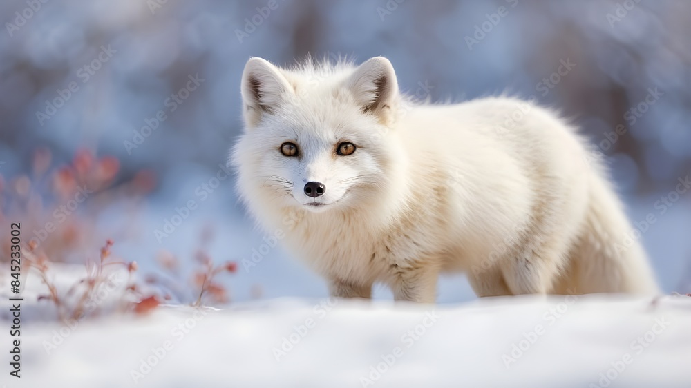 Arctic white fox with a snowy, hazy backdrop. Arctic white fox with a snowy, hazy backdrop.
