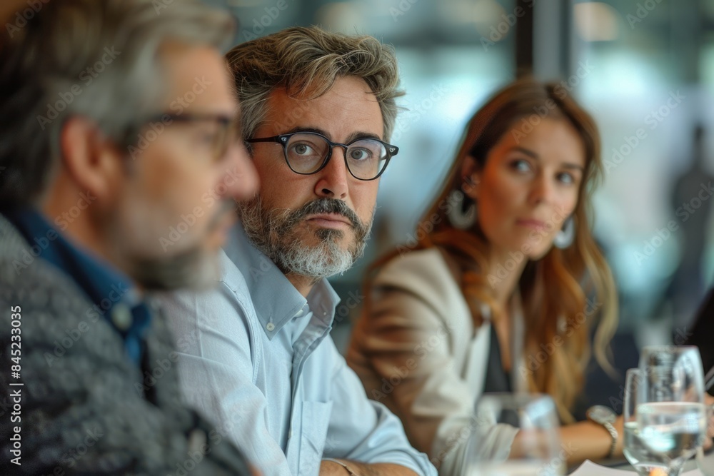 Wide shot of business team talking at meeting table in office conference room, ai generated Wide shot of business team talking at meeting table in office conference room, ai generated