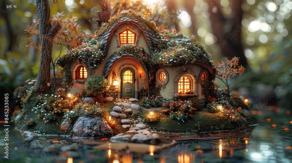 miniature scene of fantasy medieval building village at night, generative AI miniature scene of fantasy medieval building village at night, generative AI