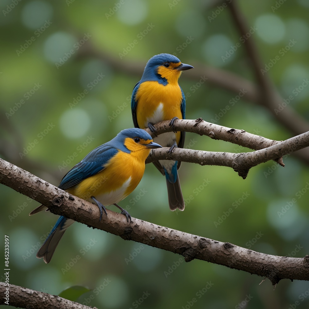Obraz premium Two beautiful birds are sitting on a tree branch generated by AI