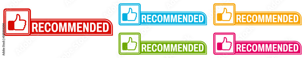 set recommended icon sign. label with thumb up icon quality approved vector illustration set recommended icon sign. label with thumb up icon quality approved vector illustration
