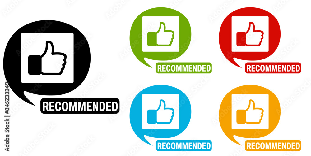 set recommended icon sign. label with thumb up icon quality approved vector illustration set recommended icon sign. label with thumb up icon quality approved vector illustration