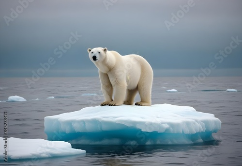 Climate Change represented by a lone polar bear on a small slab of ice. photo