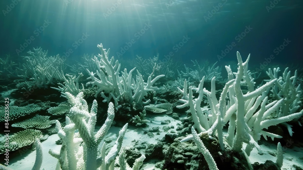Obraz premium Coral reefs bleached and dying due to warming oceans, a poignant symbol of the ecological toll of global warming.