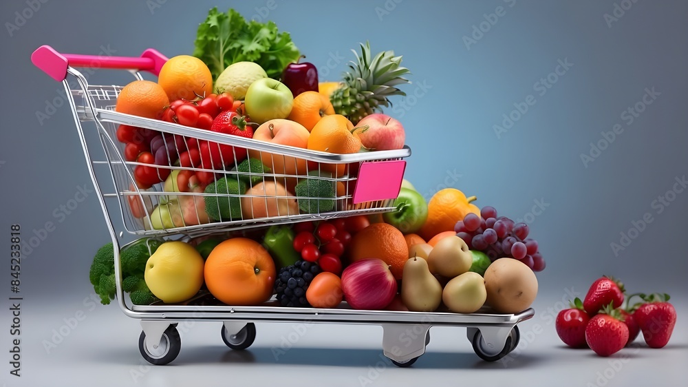 A futuristic 3D paper shopping bag with vegetables and fruits on a dark blue background, and a shopping cart full of vegetables on a backdrop of the future A futuristic 3D paper shopping bag with vegetables and fruits on a dark blue background, and a shopping cart full of vegetables on a backdrop of the future