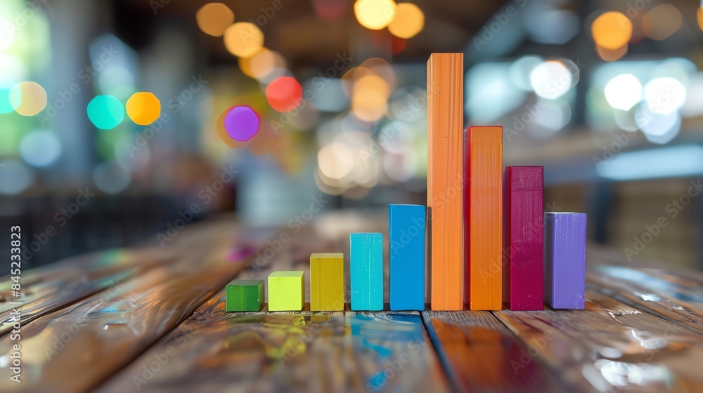 Colorful bar graph of business growth, financial concept on wooden table with blurred background. Highly detailed, ultra realistic photo, depth of field effect. Colorful bar graph of business growth, financial concept on wooden table with blurred background. Highly detailed, ultra realistic photo, depth of field effect.