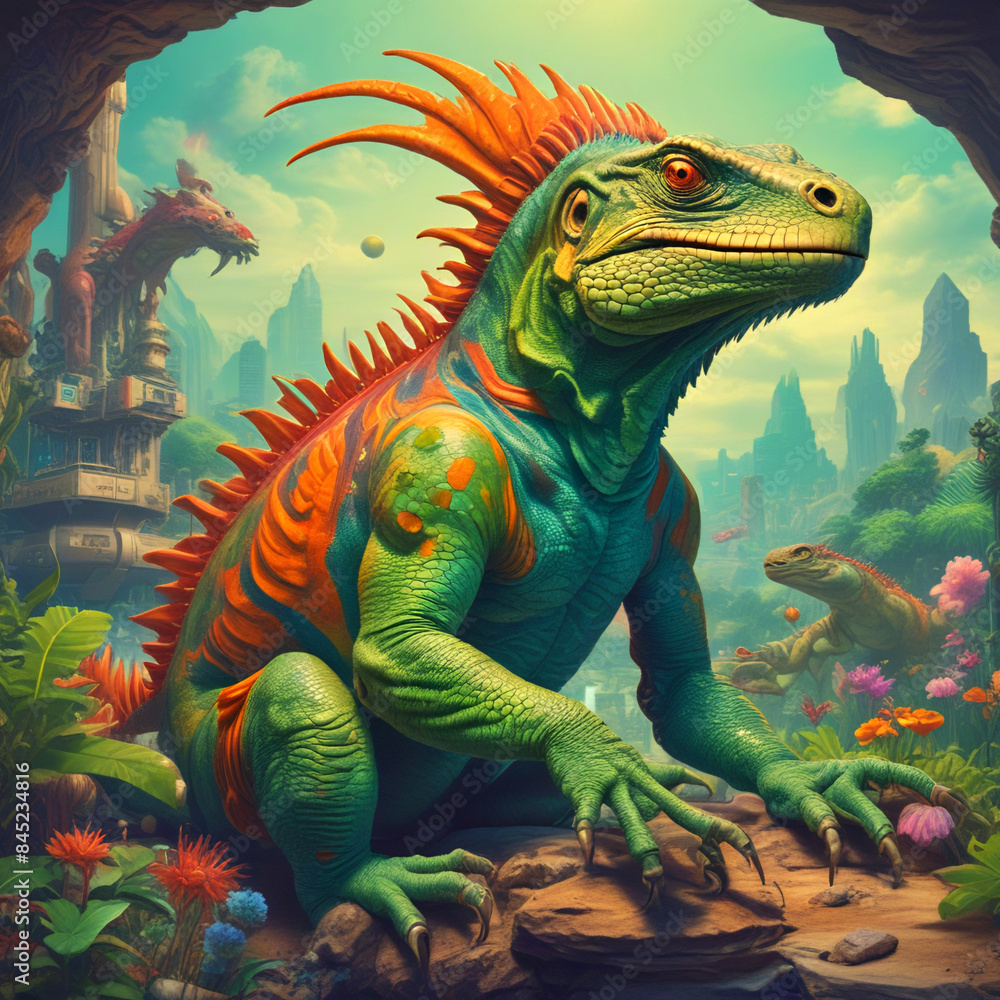 green iguana on the tree