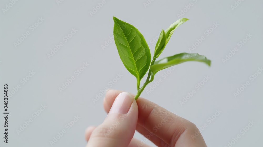 A close up of a fresh green tea leaf held by a hand. A close up of a fresh green tea leaf held by a hand.