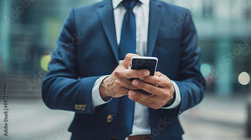 young business man wearing suit using mobile phone at outside office in the city