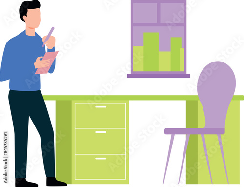 The boy is writing something on a notepad.