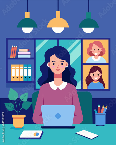 A young professional utilizes video conferencing to attend meetings and save on travel costs while working remotely from her own home office.. Vector illustration