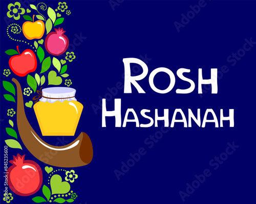 Rosh hashanah (jewish New Year holiday) concept. Traditional symbols. Template for postcard or invitation card, poster, banner. Horizont banner. Greeting, invitation card or flyer. Vector illustration