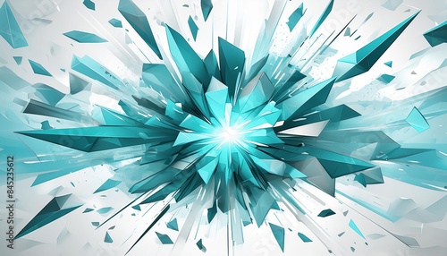 Abstract digital artwork of a crystal explosion with shards in varying shades of teal and white. The central point bursts outward, creating a dynamic and energetic composition. 