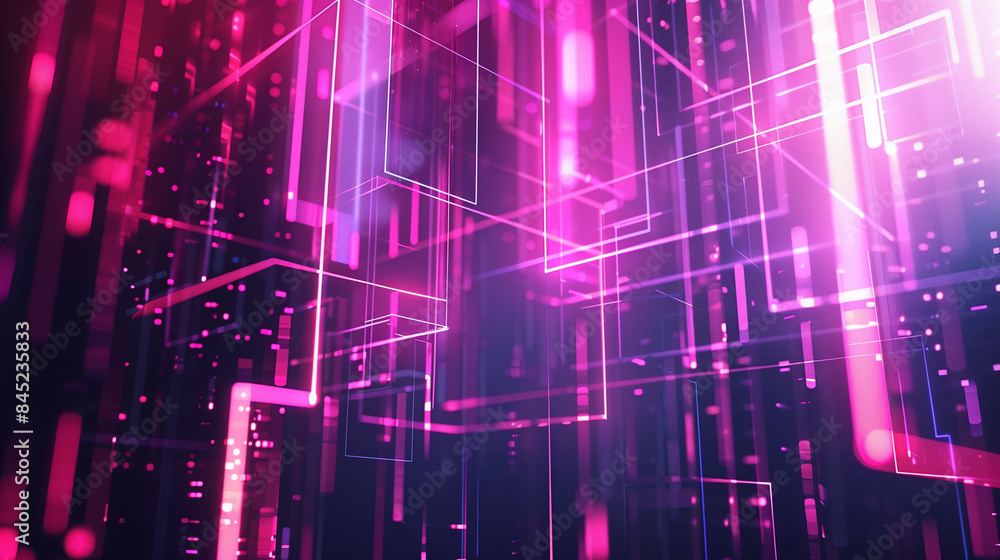 Obraz premium Digital technology geometric curve abstract pink and blue neon square. Modern digital abstract 3D background. Blue and lilac blocks with neon lines and glowing background futuristic