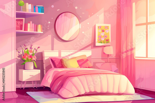  Pink girl bedroom interior vector cartoon. Girly house with bed and modern furniture design. Mirror and poster on wall  book pile and flower vase decoration in cute hotel apartment or teen   