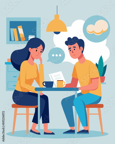 A young couple sits at their kitchen table discussing their financial plans after the husband was furloughed from his job. They worry about how they will pay their bills with only. Vector illustration