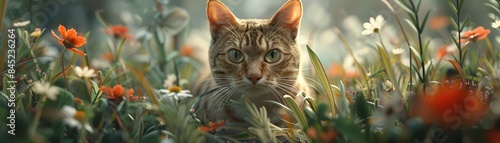 A curious cat navigating a maze of tall grass and flowers, soft morning light, low-angle shot, photorealistic, vibrant colors, ultra-detailed photo