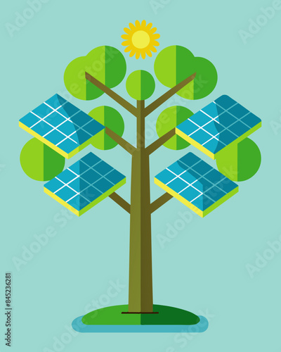 With its branches covered in solar panels the solar tree stands as a shining example of human ingenuity and natures brilliance.. Vector illustration