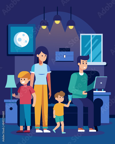 In a living room a family makes sure to turn off all unneeded electronics before heading to bed practicing energy conservation habits.. Vector illustration