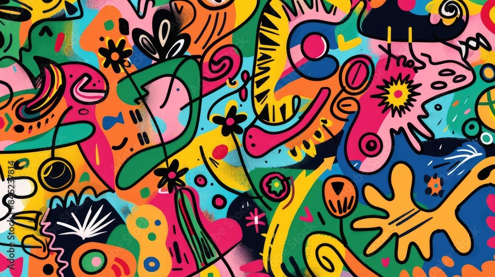 Fototapeta premium Playful bohemian background with colorful, abstract doodles and symbols, creating a lively and eclectic vibe.
