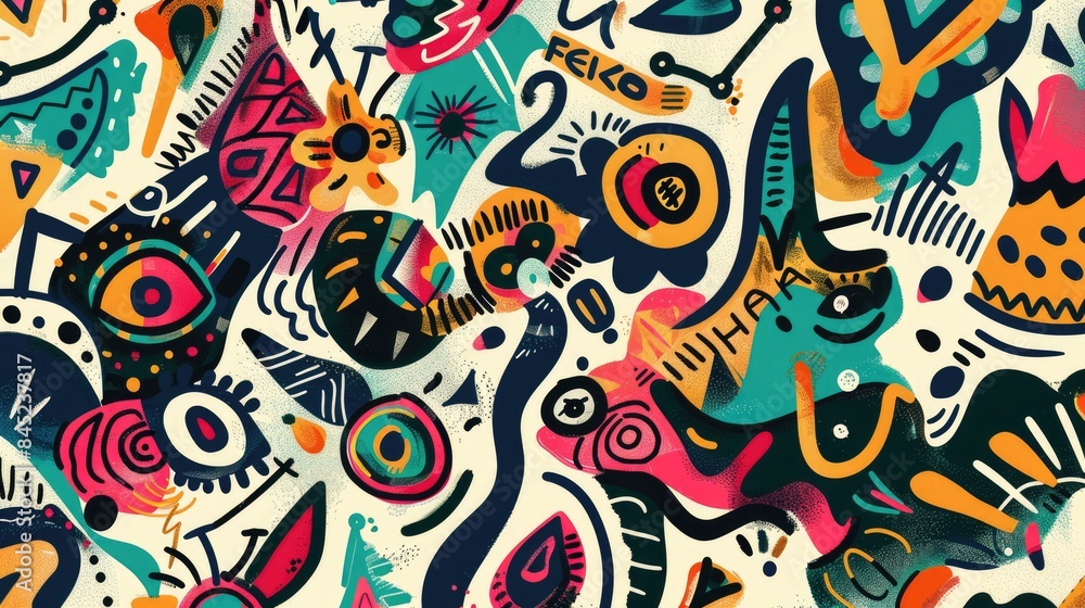 Playful bohemian background with colorful, abstract doodles and symbols, creating a lively and eclectic vibe. Playful bohemian background with colorful, abstract doodles and symbols, creating a lively and eclectic vibe.