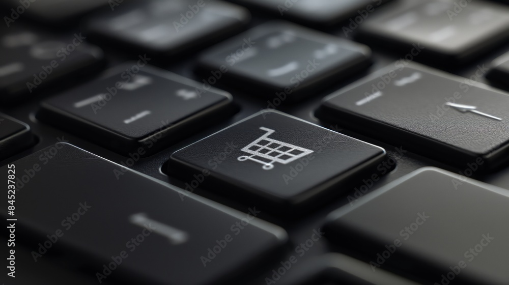 Close up of a black keyboard with a shopping cart key. Close up of a black keyboard with a shopping cart key.