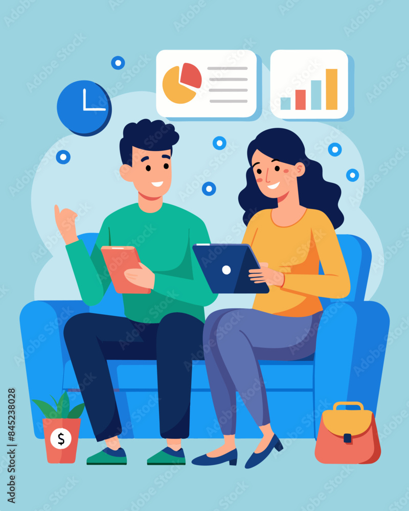 Fototapeta premium A young couple sitting side by side on the couch discussing their financial goals while using an online budgeting tool on their tablet.. Vector illustration