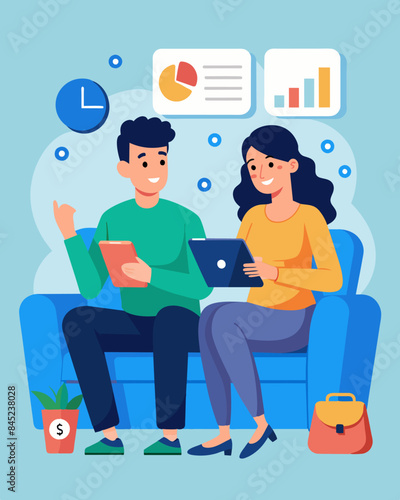 A young couple sitting side by side on the couch discussing their financial goals while using an online budgeting tool on their tablet.. Vector illustration
