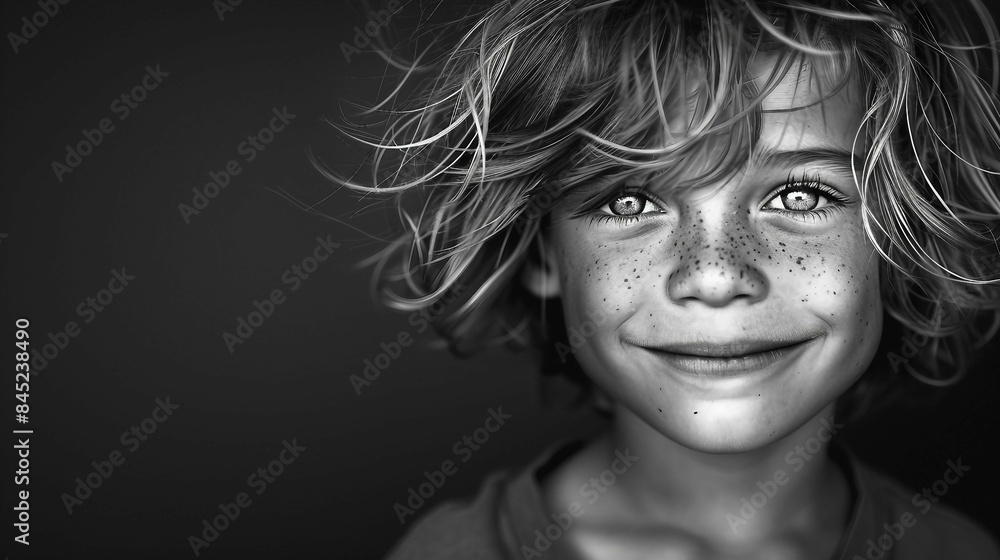 Artistic black and white portrait of a young boy with messy hair. AI generate illustration