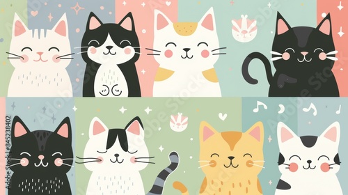 Cartoon cats of various sizes and shapes, smiling with closed eyes, on a pastel patterned background