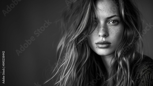 Artistic black and white portrait of a woman with long, flowing hair. AI generate illustration