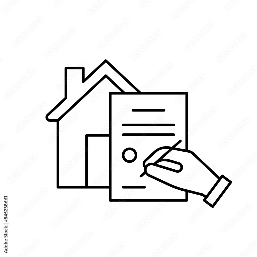 Registration and signing of document for purchase of house, line icon. Mortgage, rental, sale house contract. Real estate insurance. Vector sign Registration and signing of document for purchase of house, line icon. Mortgage, rental, sale house contract. Real estate insurance. Vector sign