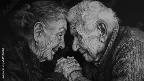 Artistic black and white portrait of an elderly couple holding hands. AI generate illustration photo