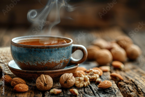 Adlay tea in a rustic ceramic cup with walnuts and almonds on a wooden table