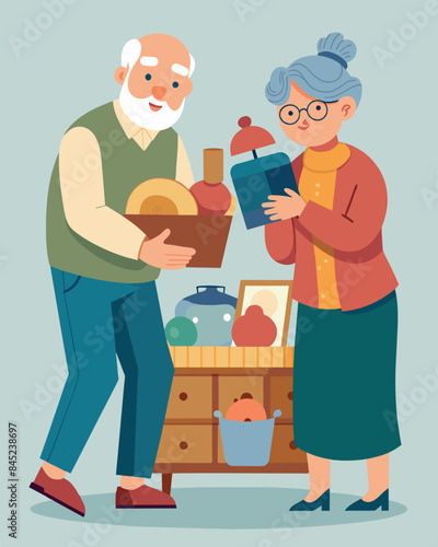 An elderly couple happily sifts through thrift store items finding hidden treasures at unbeatable prices.. Vector illustration