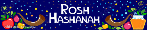 Rosh hashanah (jewish New Year holiday) concept. Traditional symbols. Template for postcard or invitation card, poster, banner. Horizont banner. Greeting, invitation card or flyer. Vector illustration