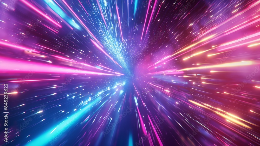 Neon lights streaking through dark space. Neon lights streaking through dark space.