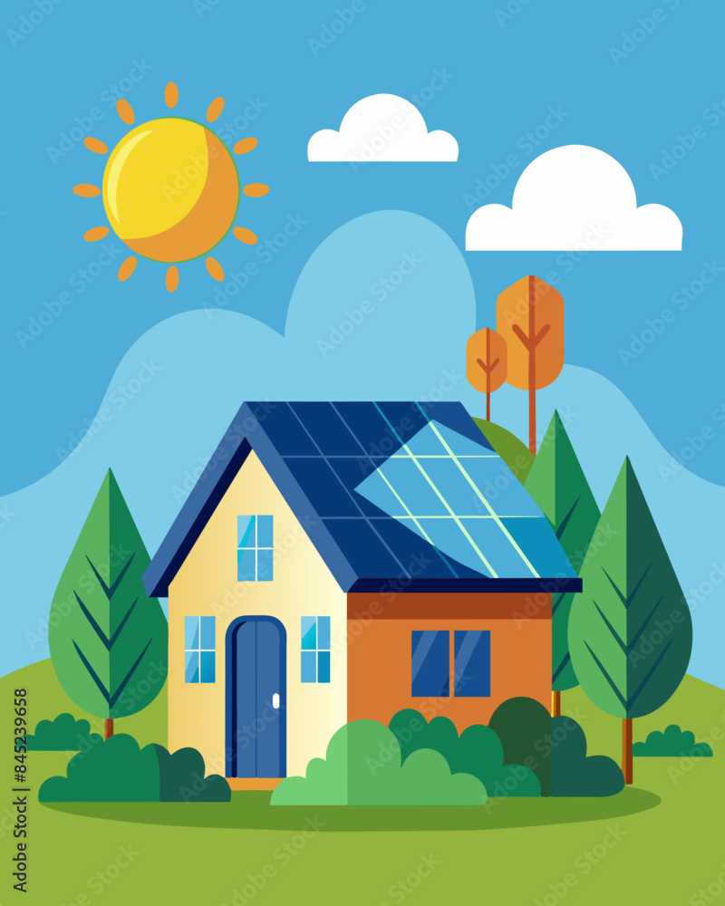 Fototapeta premium An outdoor shot of a home with solar panels on the roof showcasing the potential benefits of investing in renewable energy sources to offset utility costs.. Vector illustration