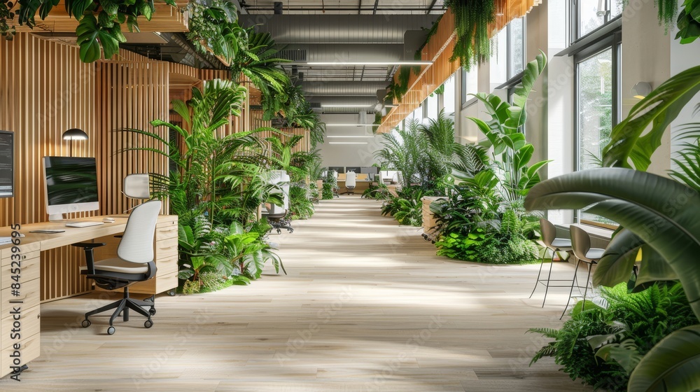 Bright office space filled with vibrant green plants, minimalist design, and cutting-edge technology, blending nature with modernity Bright office space filled with vibrant green plants, minimalist design, and cutting-edge technology, blending nature with modernity