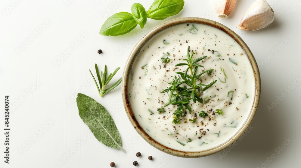Bowl of ranch dressing with visible garlic and herbs, top view, on a pristine white background, studio lighting emphasizing the creamy texture Bowl of ranch dressing with visible garlic and herbs, top view, on a pristine white background, studio lighting emphasizing the creamy texture