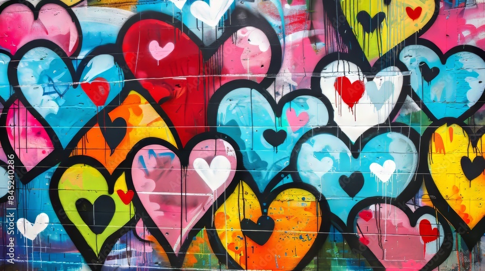 Bold graffiti wall, filled with colorful hearts and abstract shapes, conveying a love-themed artistic expression Bold graffiti wall, filled with colorful hearts and abstract shapes, conveying a love-themed artistic expression